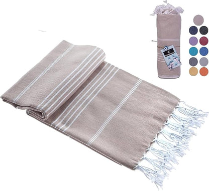Turkish Beach Towel, Prewashed, 100% Cotton, Soft, Absorbent, Quick Dry, Sand Free Large Oversize Beach Towels for Bathroom Camping Yoga Gym Pool Travel Size 39x71 Inches (Beige)