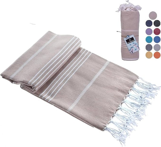 Turkish Beach Towel, Prewashed, 100% Cotton, Soft, Absorbent, Quick Dry, Sand Free Large Oversize Beach Towels for Bathroom Camping Yoga Gym Pool Travel Size 39x71 Inches (Beige)