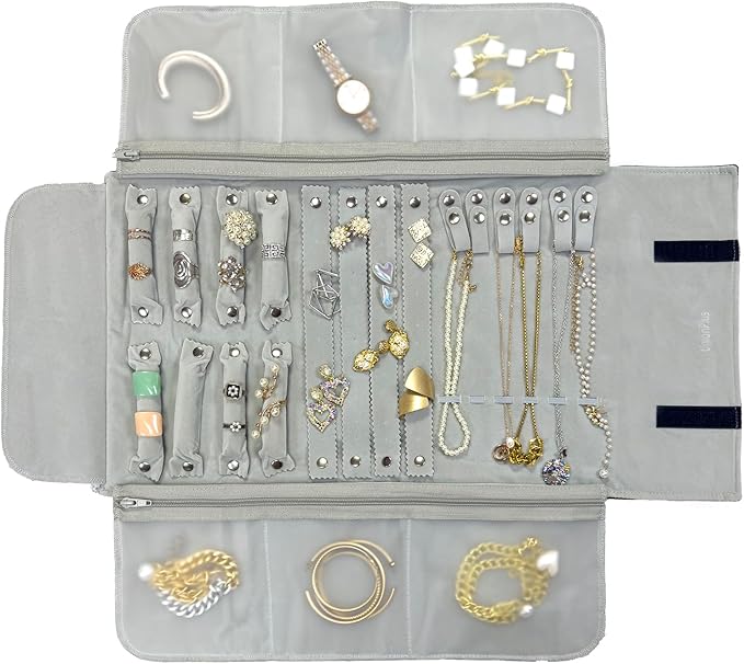 UnionPlus Velvet Travel Jewelry Case Roll Bag Organizer for Necklace Bracelet Earrings Ring, 6 PVC Pockets, Black+ Grey Upgrade Version