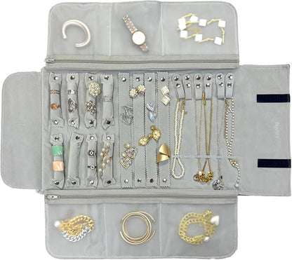 UnionPlus Velvet Travel Jewelry Case Roll Bag Organizer for Necklace Bracelet Earrings Ring, 6 PVC Pockets, Black+ Grey Upgrade Version