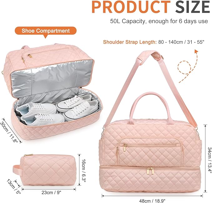 50L Large Travel Duffle Bag for Women, Weekender Overnight Bag W/Shoe Compartment+Wet Pocket+Toiletry Bag TSA Approved, Pink
