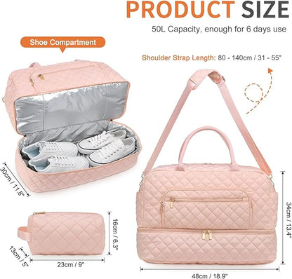 50L Large Travel Duffle Bag for Women, Weekender Overnight Bag W/Shoe Compartment+Wet Pocket+Toiletry Bag TSA Approved, Pink
