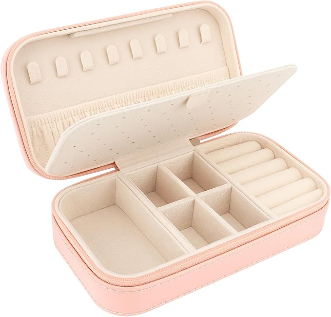 DesignSter Travel Jewelry Box, PU Leather Portable Jewelry Case, Small Jewelry Boxes for Gifts, Travel Jewelry Organizer for Women Rings Earrings Necklaces Bracelets (Dusty Pink)