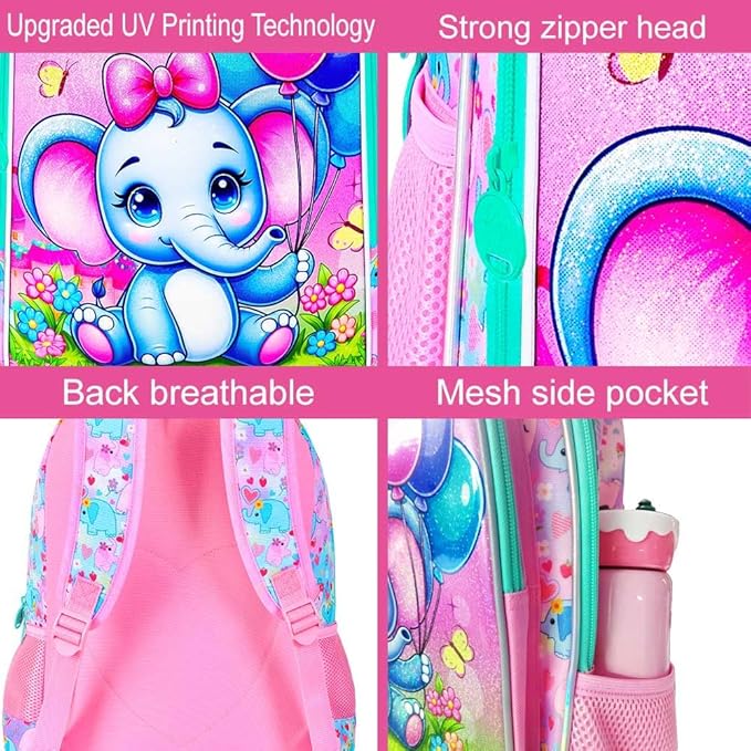 WZLVO 3PCS Backpack for Girls, 16'' Kids Elephant Bookbag with Lunch Box, Cute Animal Water Resistant School Bag Set for Elementary Kindergarten Preschool