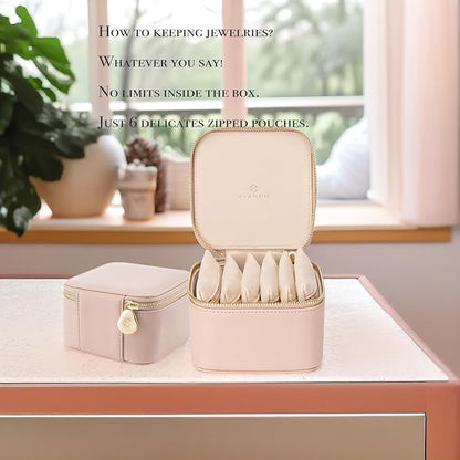 Vlando Travel Jewelry Box Organizer - 6 Small Velvet Zipped Pouches Pockets for Jewelries Necklaces Rings Earrings Sorting Storage, Khaki