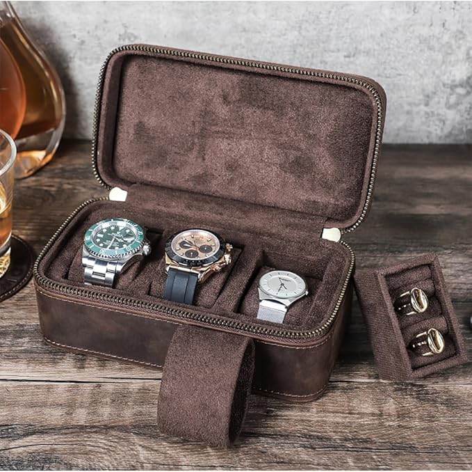 CONTACTS Watch Case Cufflinks Box for Men Small Luxury Leather Jewelry Storage Organizer for 2 Watches with Cufflinks Ring Pad