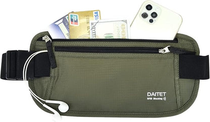 RFID Blocking Money Belt for Men Women, Slim Fanny Pack for Travel，Running,Conceal Waist Wallet for Passport Holder,Phone,Cash(Black Dark Olive Green)