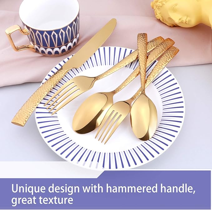 Silverware Set Flatware Set Gold Hammered Handle Cutlery Set Stainless Steel Shiny Mirror Polished Brass 20 Pieces Dishwasher Safe Service for 4