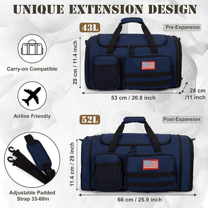 Tactical Duffle Bag For Travel Expandable 52L Large Duffle Bag For Men Gym Duffel With Wet Pocket Multi-Functional Carry On Bags Weekender Overnight Bag Organizer Duffel Bag For Travel