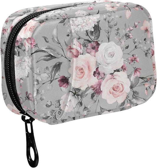 Fustylead Pink Rose Travel Pill Organizer Case Zipper for Purse with Removable Weekly Pill Box for Medicine, Vitamin, Supplement Medicine Organizer