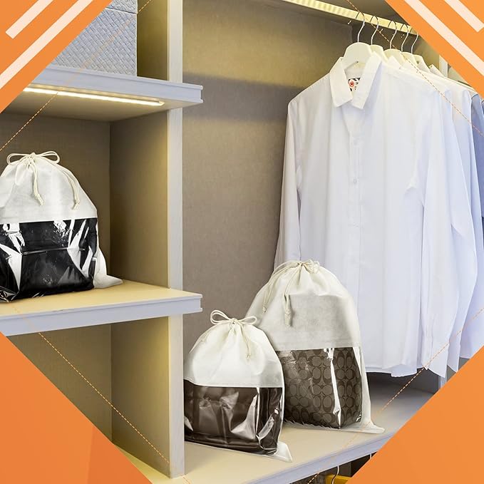 Shappy 12 Pcs Dustproof Drawstring Bags Purse Dust Storage Bags for Handbags Covers Non Woven Fabric Cloth Pouch String Packing Organizer Shoe Pouch(Assorted Sizes,Beige)