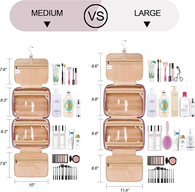 Travel Hanging Toiletry Bag for Women, Extra Large Makeup Bag, Holds Full-Size Shampoo, with Jewelry Organizer Compartment, Waterproof Cosmetic Bag, Toiletries Kit Set with Trolley Belt, Dark Purple