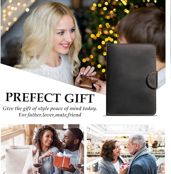 Genuine Leather Passport Holder for Travel - Rfid Passport Wallet with Hidden AirTag Slot, for 2 Passport Capacity, 2 Card Slots,for Men & Women & Family - Button Bifold Hidden Airtag Slot Style,Black