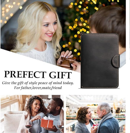 Genuine Leather Passport Holder for Travel - Rfid Passport Wallet with Hidden AirTag Slot, for 2 Passport Capacity, 2 Card Slots,for Men & Women & Family - Button Bifold Hidden Airtag Slot Style,Black