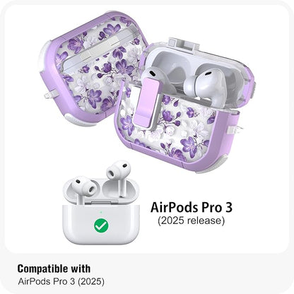 WENEW for AirPods Pro 3 Case (2025) Cover Secure Lock Automatic Snap Switch Clip Cleaner Kit Lanyard Women Stylish Flower Hard Shell Full Body Front LED Visible (Purple Flower, AirPods Pro 3)