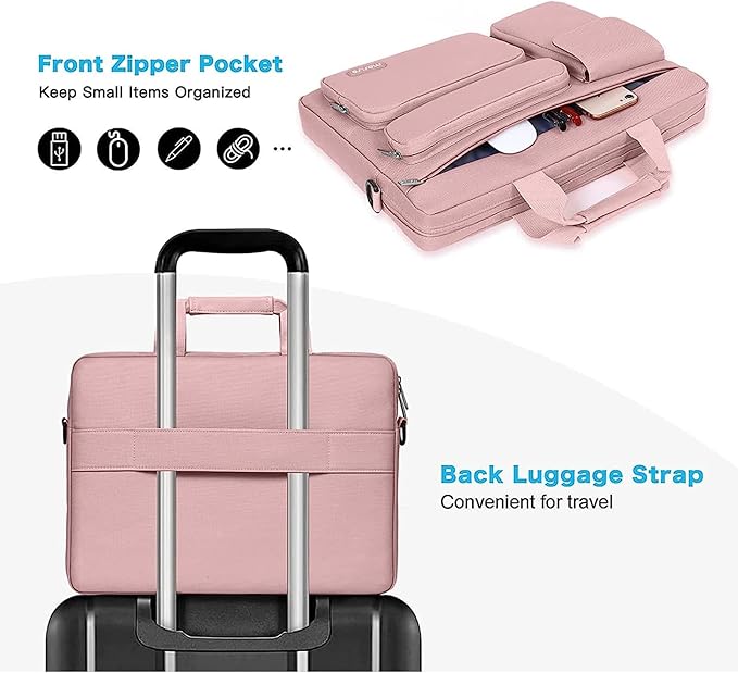 MOSISO Laptop Shoulder Bag 15.6 inch, 15-15.6 inch Computer Bag Compatible with MacBook Pro 16 inch, HP, Dell, Lenovo, Notebook with 2 Raised&1 Flapover&1 Horizontal Pocket&Handle&Belt, Pink