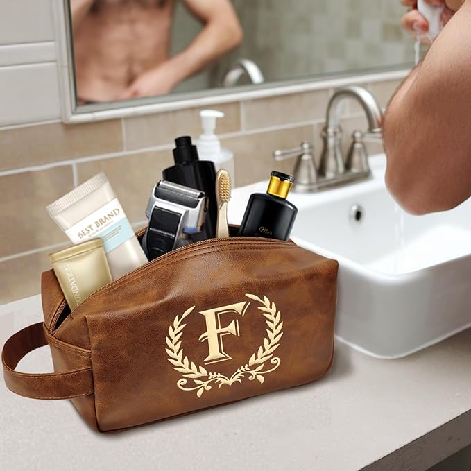 Engraved Letter Toiletry Bag Leather Waterproof Travel Kit, Personalized Gifts for Dad Husband Boyfriend (F)