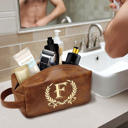 Engraved Letter Toiletry Bag Leather Waterproof Travel Kit, Personalized Gifts for Dad Husband Boyfriend (F)
