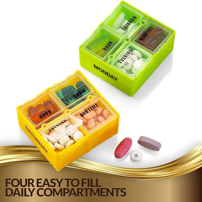 Large Weekly Pill Organizer Box in Gold Leather Case - 7 Day Week Pill Planner Organizers & Medication Reminder with 4 Times a Day - Daily Compartments That is Ideal for Travel by MEDca