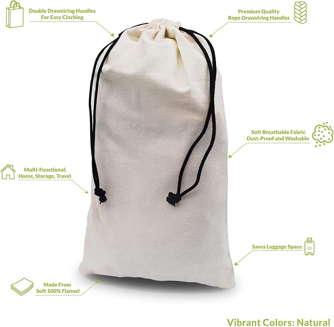 ZENPAC Travel Shoe Bag, Beige Duster Flannel Pouch Drawstring Closure, Washable Breathable Cotton Fabric for Cowboy Boot Storage, Luggage, 12x17, 2 Pack