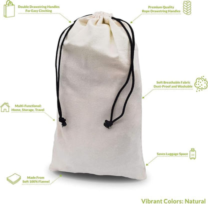 ZENPAC Travel Shoe Bag, Beige Duster Flannel Pouch Drawstring Closure, Washable Breathable Cotton Fabric for Cowboy Boot Storage, Luggage, 12x17, 2 Pack