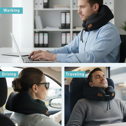 Travel Pillow with Hood, Memory Foam Airplane Neck Pillow for Long Flight, Soft, Comfort Portable Travel Neck Pillow for Flight, Drive, Work, Rest, with Storage Bag