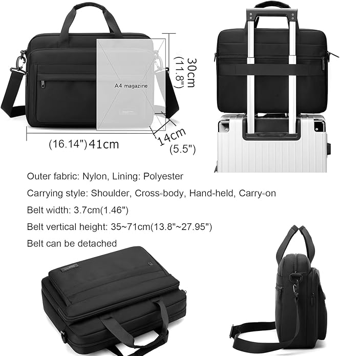 natyrlpog Laptop Bag 15.6 Inch Briefcase for Men Women Waterproof Nylon Lightweight, Shoulder Computer Messenger Handbag for Business Office Work Travel College Black