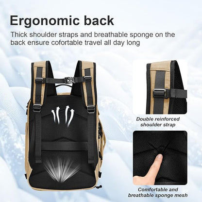 Carry On Travel Backpack with Shoe Compartment Flight Approved Laptop Backpack Expandable Work Business Backpack for Women Men Casual Daypack, Khaki