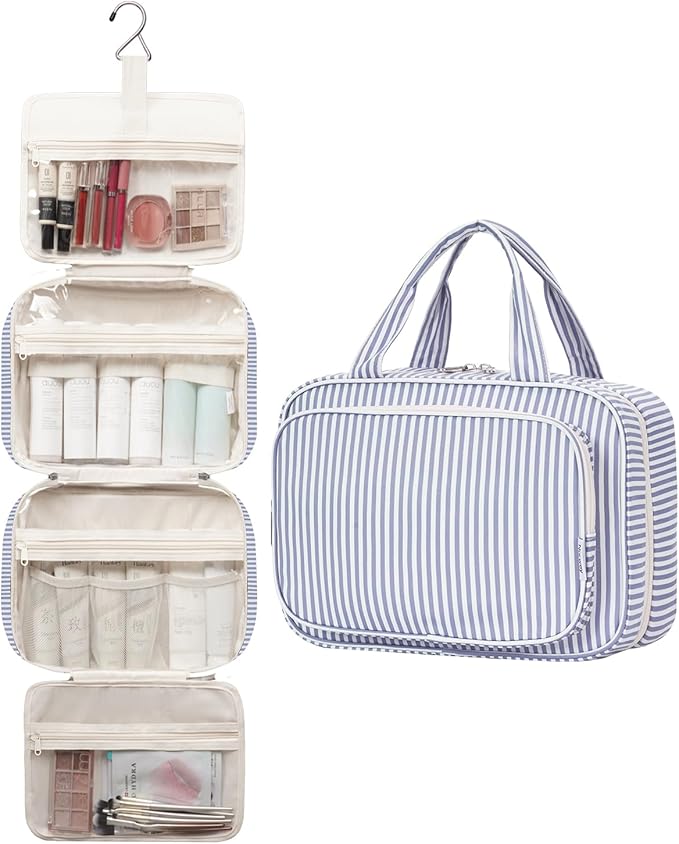 Narwey Striped Travel Toiletry Bag for Women Large Hanging Makeup Bag Organizer Toiletries Bag for Full Size Essentials Accessories Cosmetics (Greyish Blue Stripe (Large))