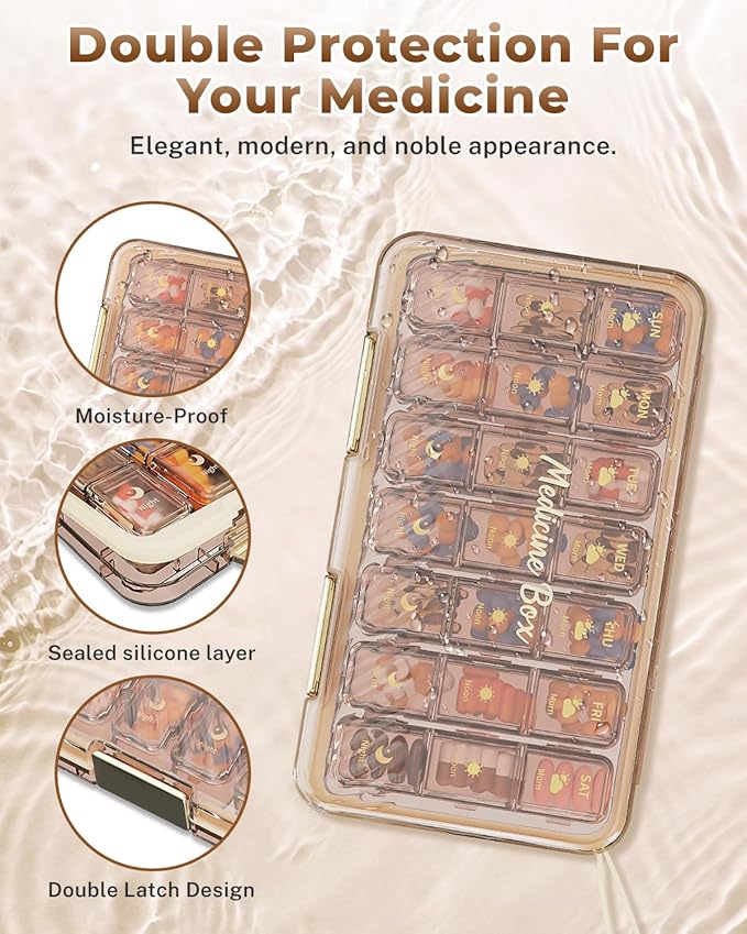Weekly Pill Organizer 3x a Day - 7 Day Pill Box with 21 Compartments (Morning/Noon/Night), BPA-Free Daily Pill Case, Portable Medicine Organizer for Vitamins, Supplements & Medication【Upgrade】 (Brown)