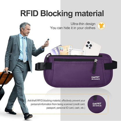 RFID Blocking Money Belt for Men Women, Slim Fanny Pack For Travel，Running,Conceal Waist Wallet For Passport Holder,Phone,Cash(Dark Purple), Dark Purple, Rfid Blocking & Belt Wide:1inch