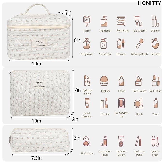 Makeup Bag,Quilted Cosmetic Bags,Large Floral Make Up Organize bag,Makeup Bag Set for Women,Flower Travel Toiletry Bag