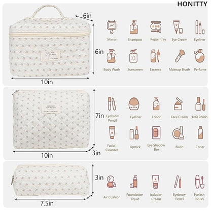 Makeup Bag,Quilted Cosmetic Bags,Large Floral Make Up Organize bag,Makeup Bag Set for Women,Flower Travel Toiletry Bag