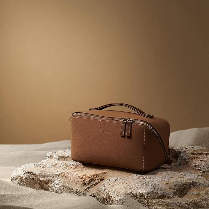 EACHY Travel Makeup Bag, Faux Suede Cosmetic Bags for Women,Large Capacity Portable Pouch Open Flat Toiletry Bag Make up Organizer with Divider and Handle