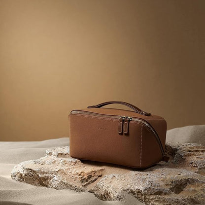 EACHY Travel Makeup Bag, Faux Suede Cosmetic Bags for Women,Large Capacity Portable Pouch Open Flat Toiletry Bag Make up Organizer with Divider and Handle