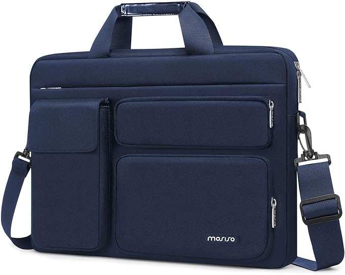 MOSISO Laptop Shoulder Bag 13.3 inch, 13-14 inch Computer Bag Compatible with MacBook Air/Pro 13 / Pro 14, HP Dell ASUS Lenovo with 2 Raised&1 Flapover&1 Horizontal Pocket&Handle&Belt, Navy Blue