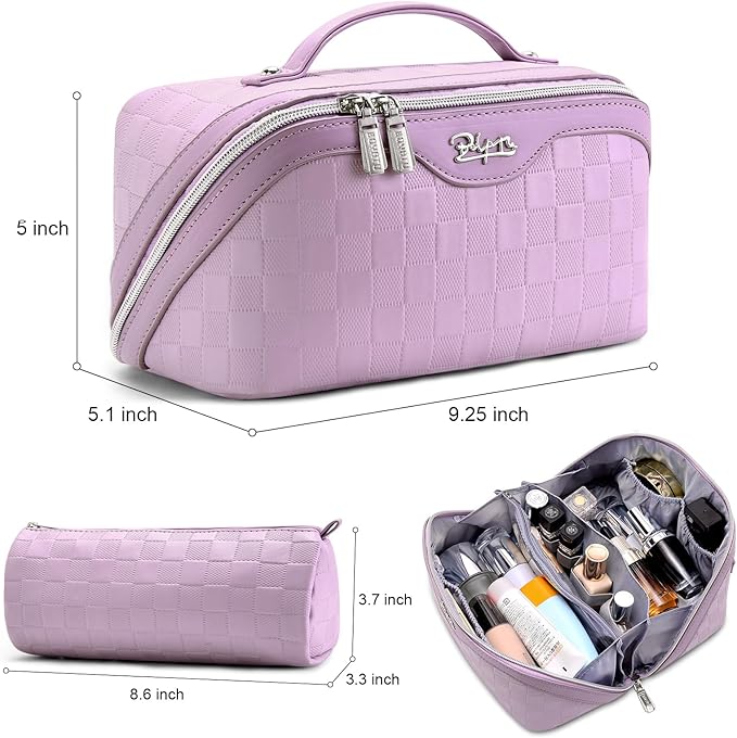 BOYATU Travel Makeup Bag Organizer Cosmetic Bag: 3 Pcs Set Make up Bags for Women with Handle - Waterproof Vegan Leather Toiletry Bags Travel Essentials Pouch with Compartments (02-Purple)