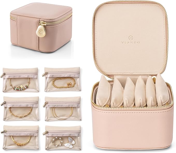 Vlando Travel Jewelry Box Organizer - 6 Small Velvet Zipped Pouches Pockets for Jewelries Necklaces Rings Earrings Sorting Storage, Khaki