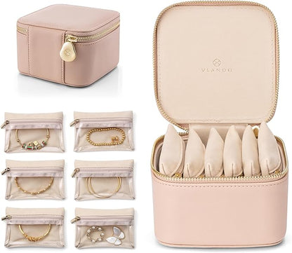 Vlando Travel Jewelry Box Organizer - 6 Small Velvet Zipped Pouches Pockets for Jewelries Necklaces Rings Earrings Sorting Storage, Khaki