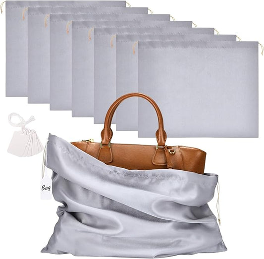 Ewen 7pcs Satin Shoe Bags with Blank Tag, 19.6x15.7in Dust Bags for Handbags with Drawstring, Dustproof Travel Essentials Large Packing Bag, Gray Purse Organizer for Home Storage Jewelry Organization