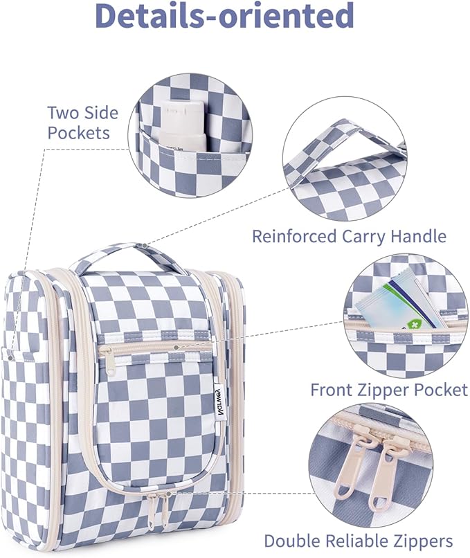 Narwey Small Checkered Hanging Travel Toiletry Bag for Women, Travel Bag for Toiletries, Makeup Bag Organizer Cosmetic Bags Make Up Bags for Women (Grayish Blue Checkerboard)