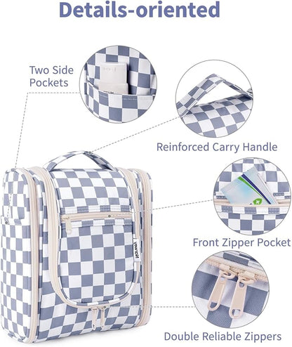 Narwey Small Checkered Hanging Travel Toiletry Bag for Women, Travel Bag for Toiletries, Makeup Bag Organizer Cosmetic Bags Make Up Bags for Women (Grayish Blue Checkerboard)