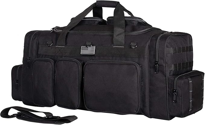 K-Cliffs Tactical Range Duffel Heavy Duty Large Gear Duffle Durable Quality Travel Sports Gym Equipment Bag Military Molle with Lockable Zippers with US Flag Patch 33 Inch Black