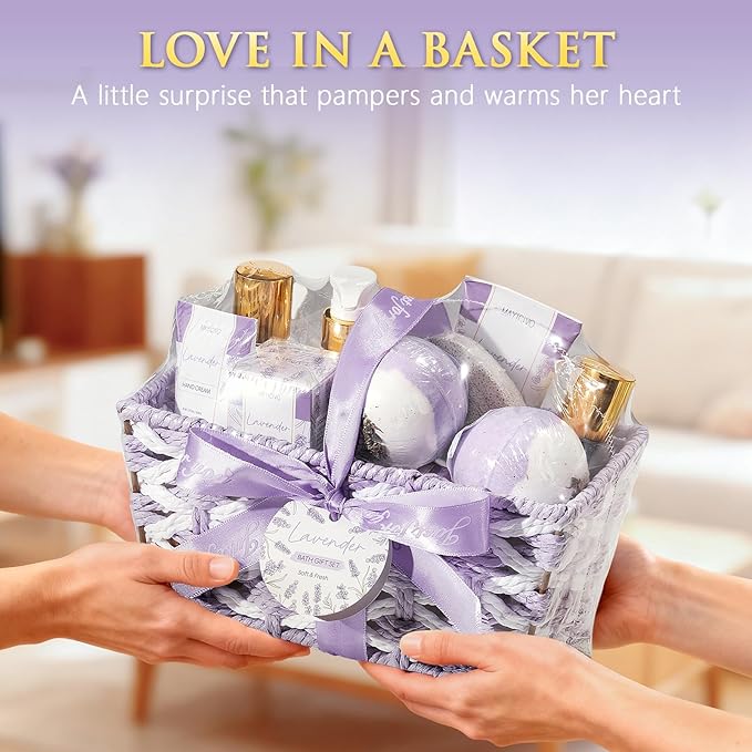 Christmas Birthday Gifts for Women, Lavender Relaxing Spa Gift Baskets for Women Self Care Package Bath Gift Set, Home Bath and Body Kit Pamper Gifts for Womens Mom Her Friends Sister Wife Girlfriend