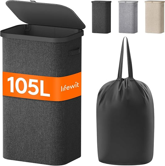 Lifewit 105L Laundry Basket with Lid, Large Laundry Hamper with Plastic Handles and Removable Bag, Foldable Tall Dirty Clothes Hampers for Laundry for Laundry Room, Bedroom, Bathroom, Dorm, Dark Gray
