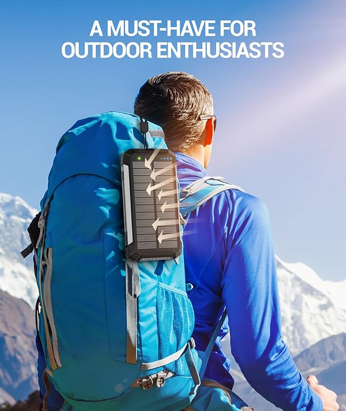 Solar Charger Power Bank -38600mAh Solar Phone Charger Built in 3 Cables Waterproof Outdoor External Battery Pack with 4 Outputs 2 Inputs USB C 15 W Powerbank with Camping Light Compass