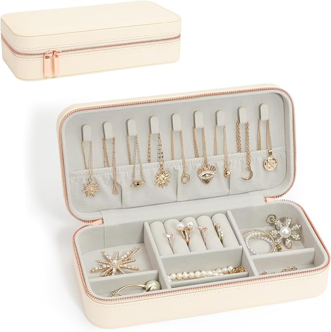 Travel Jewelry Box Jewelry Organizer for Travel Jewellery Organizers Box Jewelry Box for Women on Hallowmas Christmas Valentine's Birthday Beige