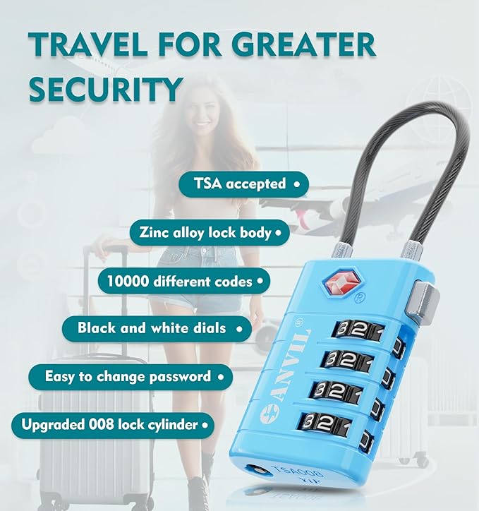 ANVIL 4 Digit Luggage Locks, TSA Locks for Luggage, Advanced TSA008 core, Alert Indicator for Your Travel Lock, Suitcase Lock. (4, Blue)