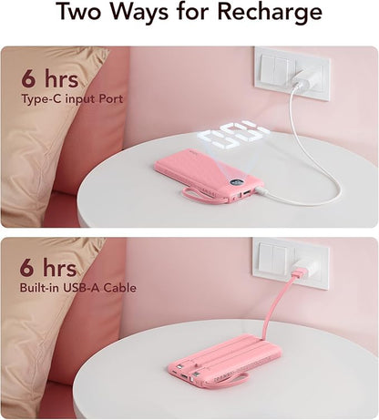 VRURC Portable Phone Charger, Travel Portable Charger with 4 Cables, 5 Outputs 2 Inputs Slim USB C Power Bank, Built-in Cables Cords for iPhone 17 16 15 14 13,Samsung,Android-Barbie Pink(1 Pack)