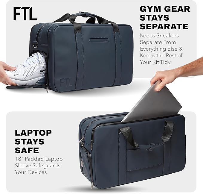 The FTL Pro Mens Travel Bag - 30L Premium Work to Gym Weekender Duffel with Garment Bag, Shoe Space & 18" Laptop Sleeve - Organized Athletic Business Carry On Hybrid, Fits Under Airplane Seat - Blue